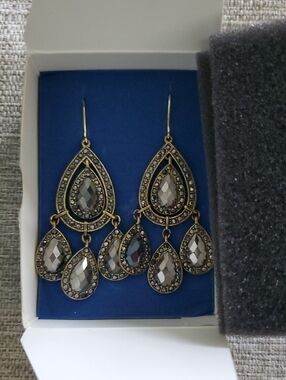 Avon Gold-Tone Chandelier Earrings with Smoke Crystals